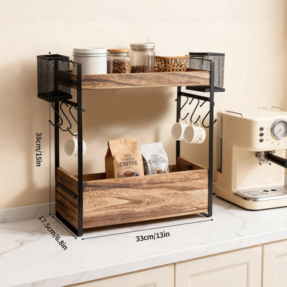 3-Tier Countertop Organizer Station with 12 Mug Hooks – Multi-Functional Coffee Bar Kitchen Storage Shelf, Space-Saving Home & Office Display Rack