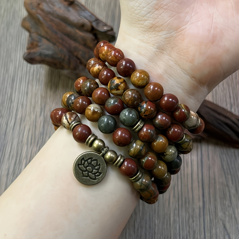 Vintage Bohemian 108 Mala Beads Handmade Stacked Elastic Bracelet - Picasso Stone Natural Stone Mindfulness Yoga Japamala Jewelry Necklace for Men and Women, Elegant with Lotus Pendant, Ideal Gift for Mother's Day, Father's Day, Ramadan.