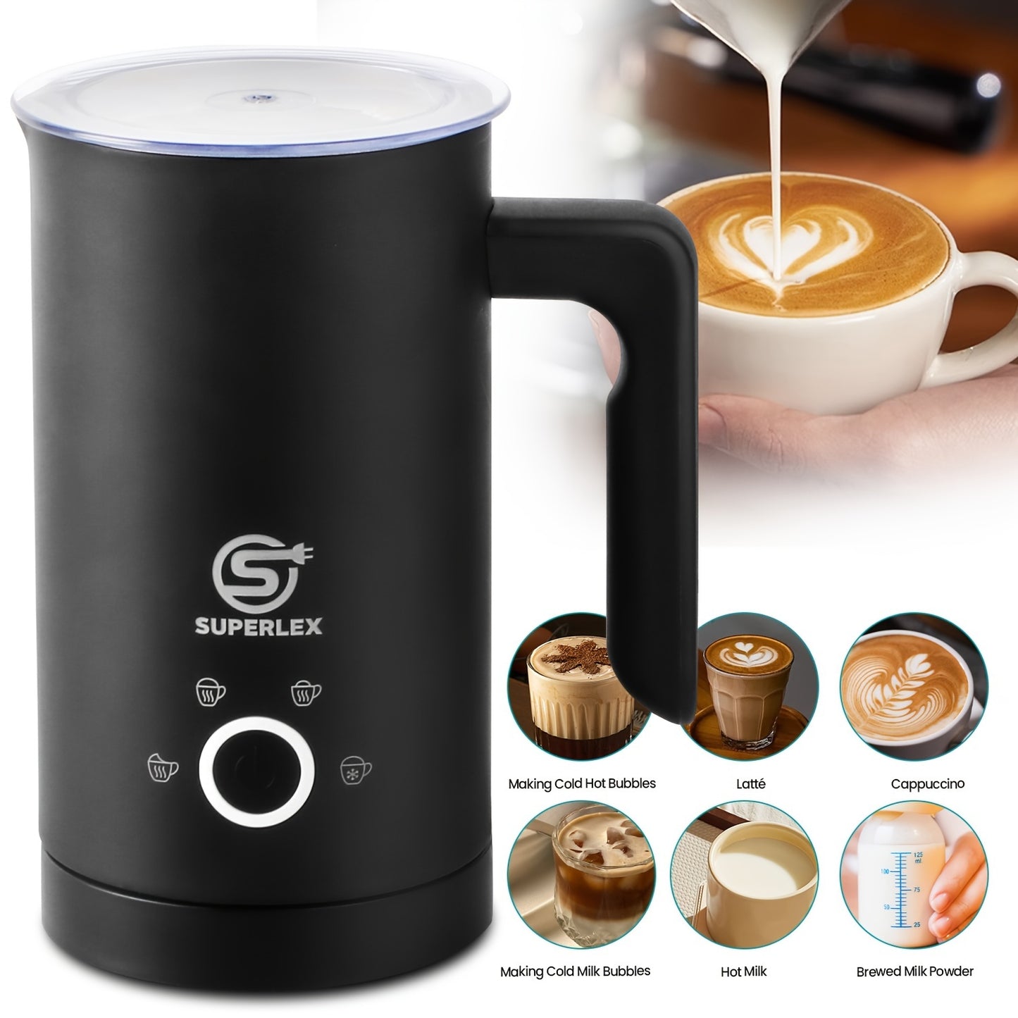 SUPERLEX Electric Automatic Milk Frother 4-In-1 Function, Milk Steamer Heater for Hot Cold Chocolate Latte Cappuccino Macchiato Warmer