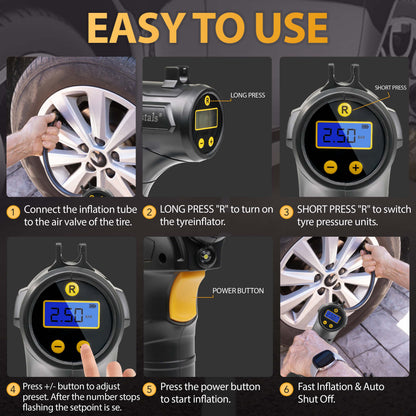 Cordless Digital Tyre Inflator USB Rechargeable 150PSI Auto Shut-Off with LCD Display & LED Light – Portable Air Compressor with 3 Nozzle Adaptors for Car, Motorcycle, Bicycle & Inflatables