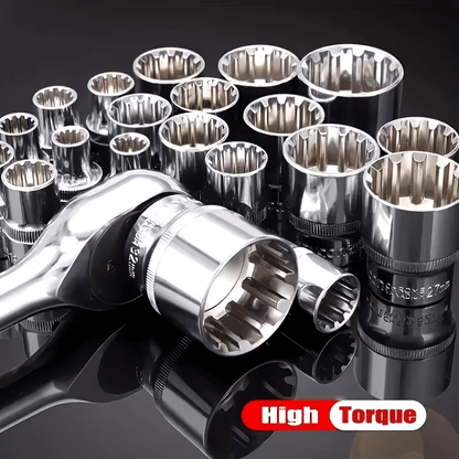 19-Piece Spline Socket Set, 1/2Drive Metric 8-32mm 12-Point Cr-V Socket Kit, High-Hardness Universal Spline Wrench Set for Automotive, Mechanical Repair
