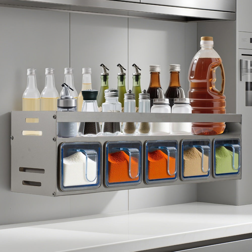 Five Grids Kitchen Spice Rack Organizer for The Wall, Pull-Out Shelf, Multifunctional Seasoning Container Set, Kitchen Storage.