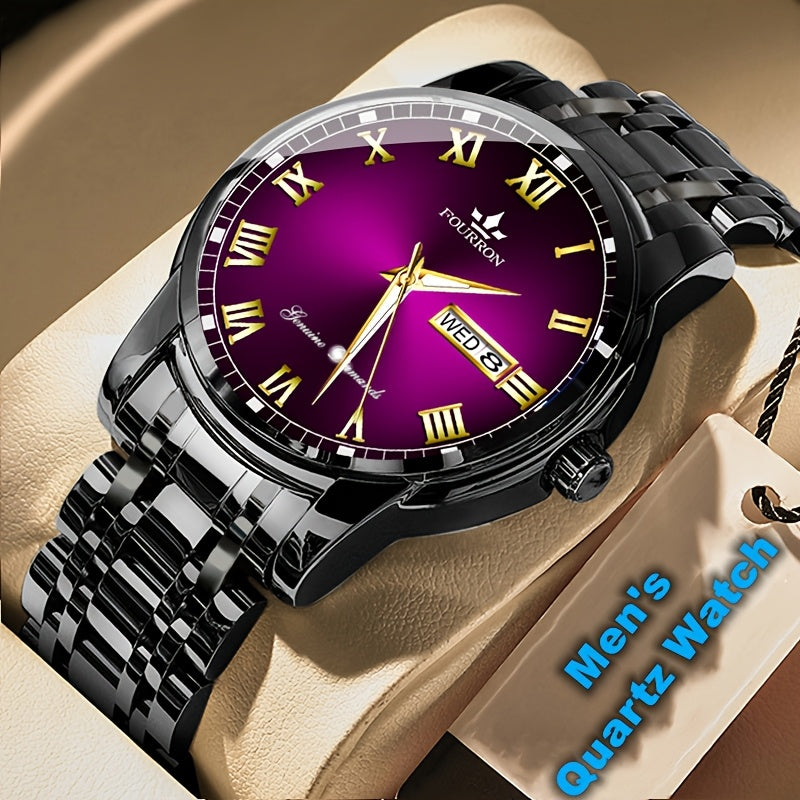 1pc FOURRON Brand New Trendy Fashion Men'S Quartz Watch Stainless Steel Strap with Day Date, Roman Numeral Disc Multi-Function Luminous Luxury Men'S Wristwatches, Friends And Relatives Birthday Gifts, Holiday Party Gifts Preferred Choice