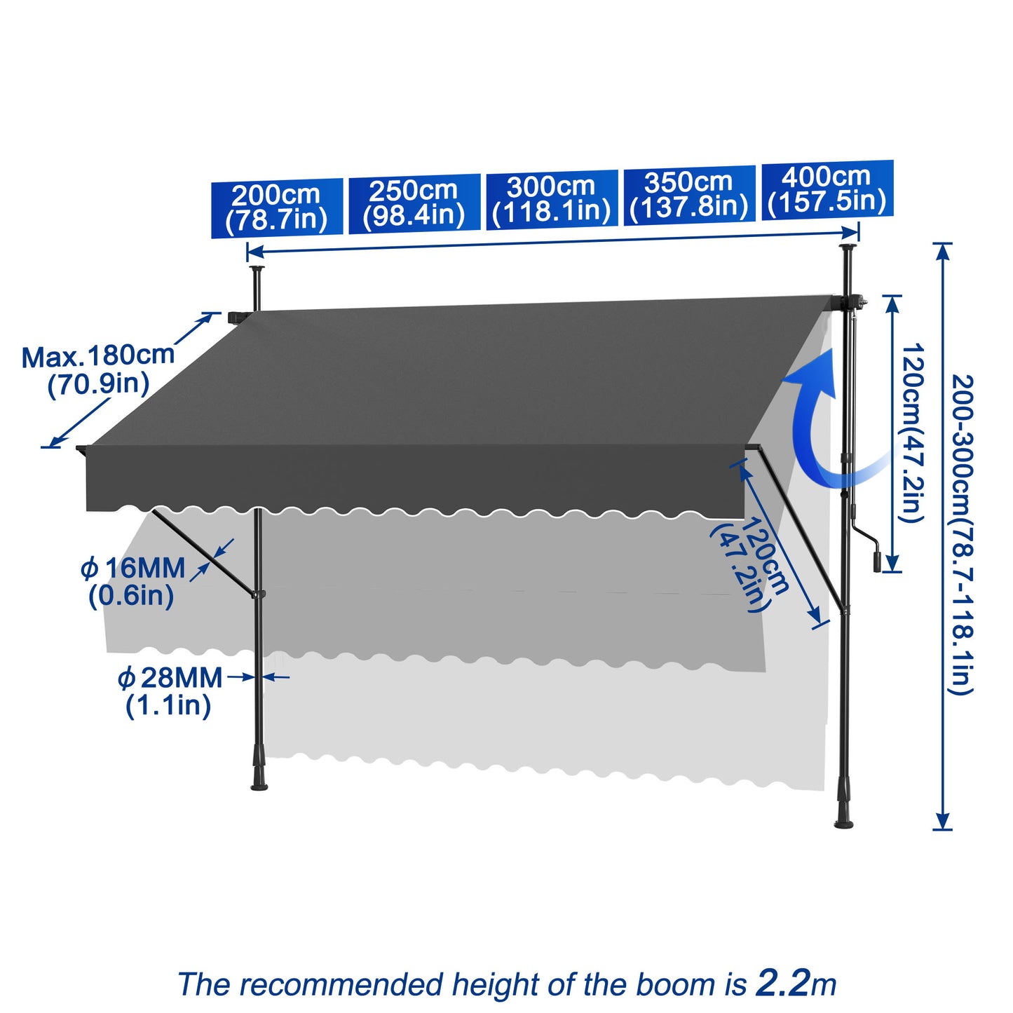 Clamp Awning With Hand Crank Balcony Awning No Drilling Awning Retractable Sun Protection Made Of Polyester UV-Resistant And Height Adjustable Patio Canopy, Dark Grey/Light Grey, 200/250/300/350/400 X 120 Cm