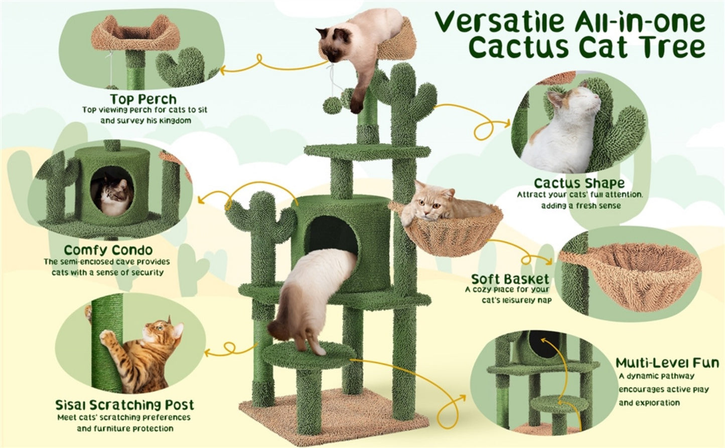 Cactus Cat Tree Tower 135cm – Unique Green Design with Sisal Scratching Posts, Cosy Condo, Padded Perch, Basket, Platform & Hanging Ball, Tall Indoor Cat Furniture for Kittens & Cats