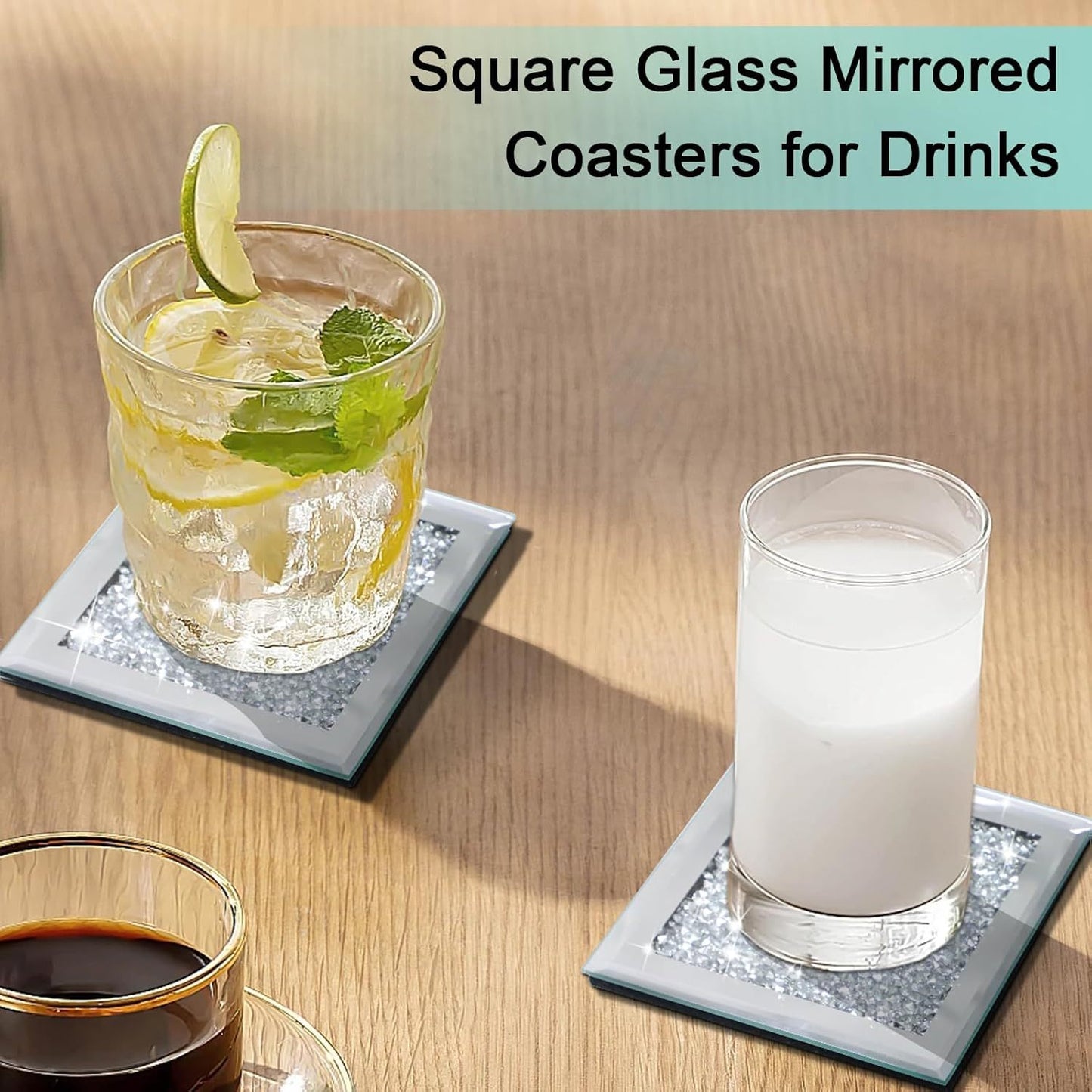 Serena's® Set of 4 Crystal Coasters – 10cm Glass Mirrored Drink Coasters with Glitter Crushed Diamond Design – Elegant Coasters for Home, Kitchen, Bar, or Table Decoration