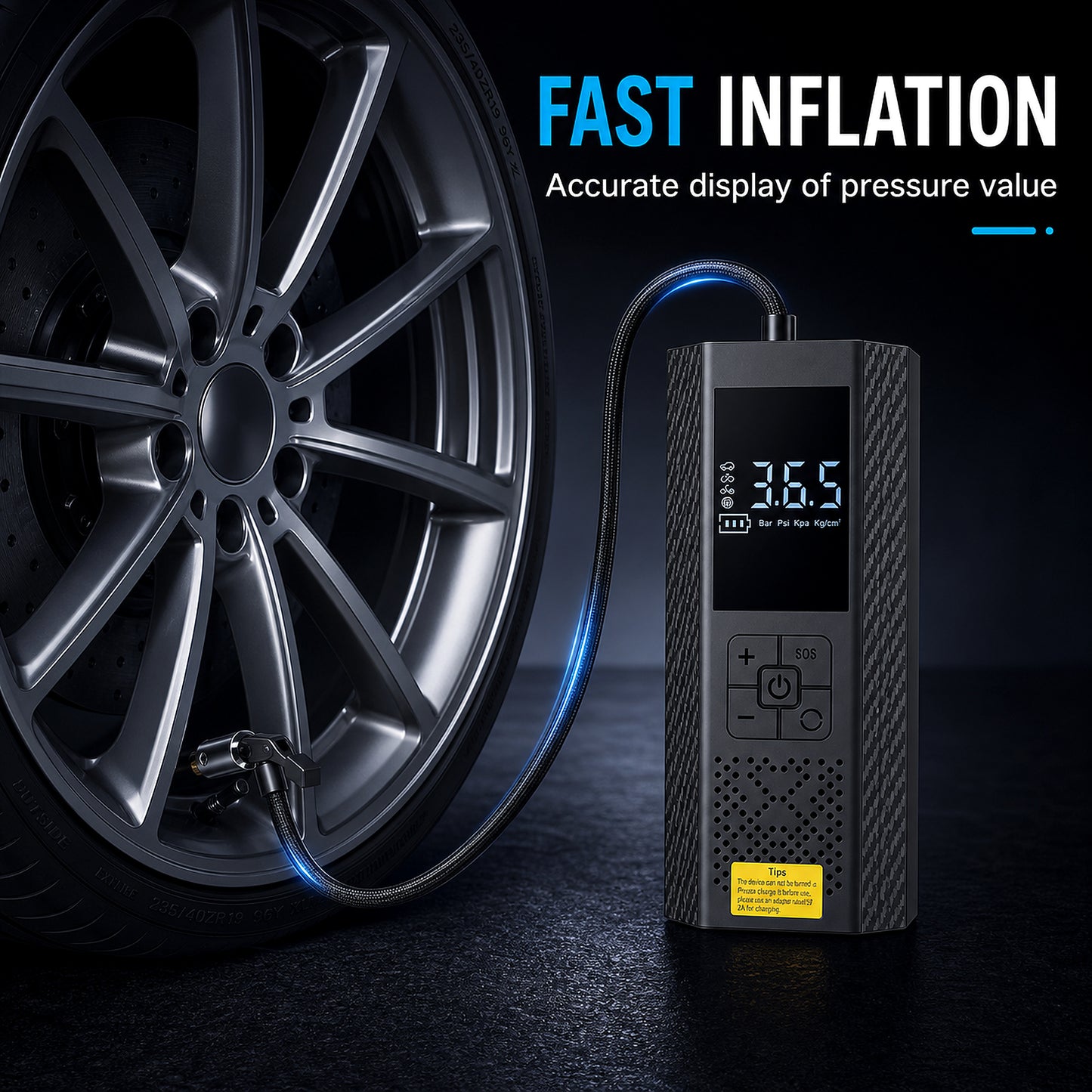 [Portable USB Rechargeable] 150PSI Portable Air Compressor with Tire Pressure Gauge & LED Display - 3X Faster One-Touch Smart Cordless Tire Inflator, USB-Powered, Rechargeable Battery, Battery capacity: 3000 mAh