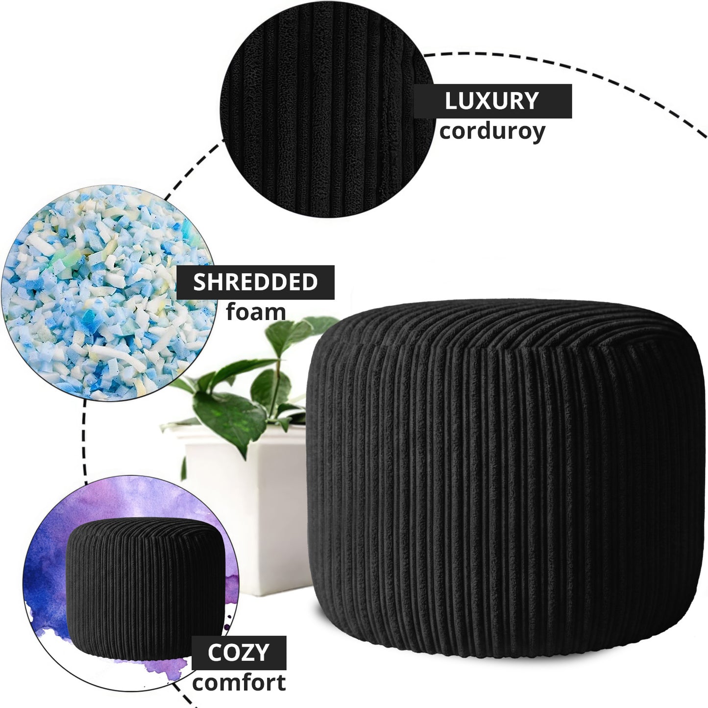 Jumbo Cord Footstool Pouffe, Round Shape Corduroy Bean Bag Ottoman Footrest for Lounge & Bedroom, Durable & Stylish Ergonomic Design