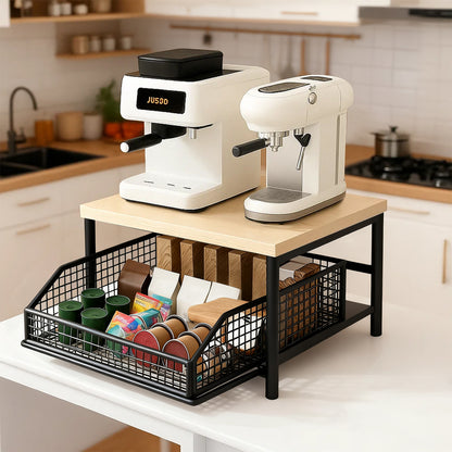 Space-Saving Kitchen Countertop Storage Rack with Drawers And Metal Baskets - Sturdy And Durable Double-Layer Metal Storage Rack for Cookware, Tableware, And Condiments - Modern Black And White Design.