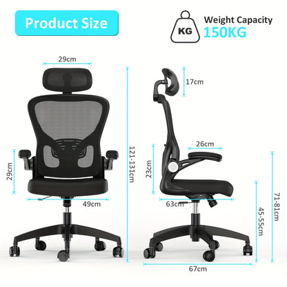Ergonomic Mesh Office Chair with Adjustable Height, Flip-Up Armrests, Free-Tilt Mechanism & Split-Back Adjustment - Ideal for Home Office & Study Computing