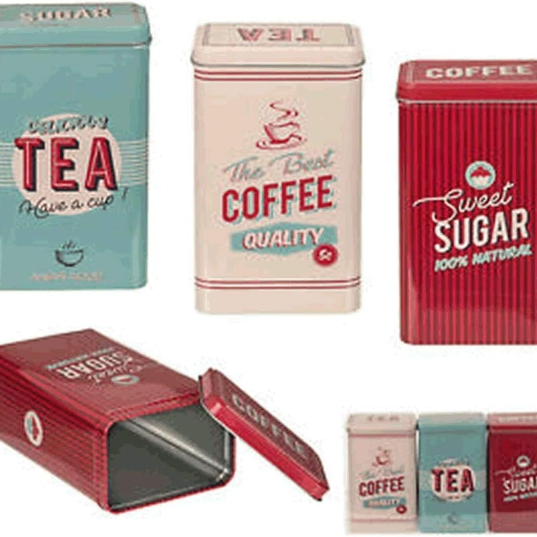 Almineez Retro Set of 3 Stainless Steel Tea Coffee Sugar Jar Canisters Kitchen Container Tins Storage Organiser Set Air Tight Vintage Design