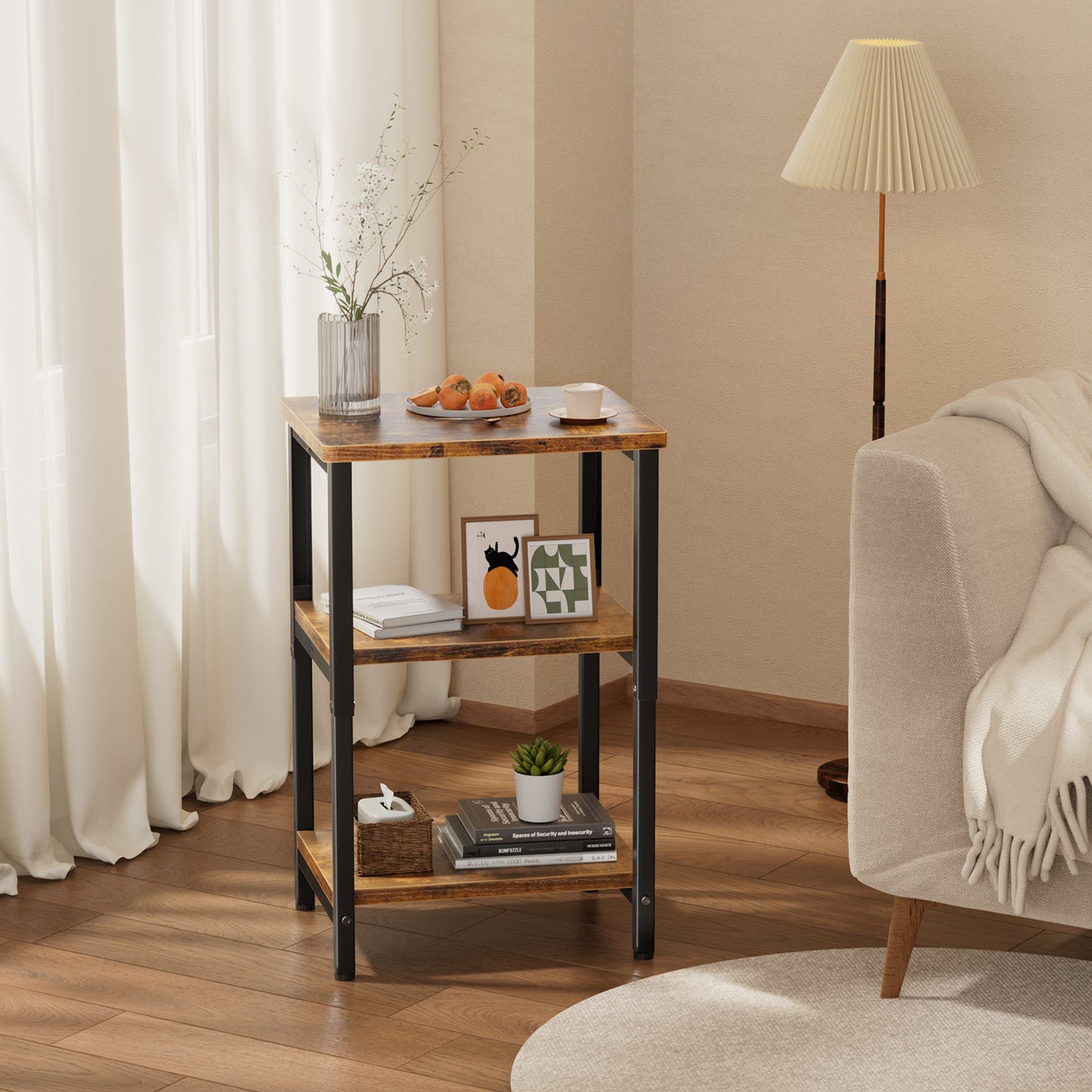 Bookshelf, Sofa Side Table Living Room, Industrial End Table With 3-Tier Storage Shelves, Bedside Tables With Height Adjustable, Steel Frame, Nightstand 37 x 30 x 59.4/62.4/65.4 cm, 4 Colors