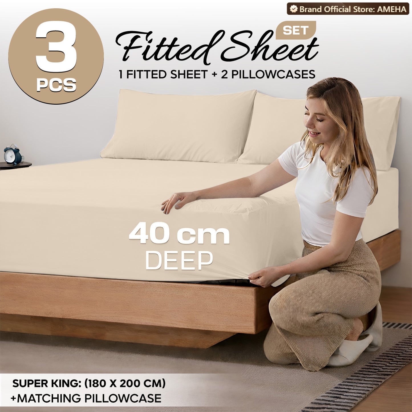 3pcs 40cm Extra Deep Fitted Sheet – Solid Color Soft & Comfortable Bed Sheet with 2pcs Matching Pillowcases, Breathable Fabric Soft Brushed Microfiber Bedding, Machine Washable for Home Bedroom, Hotel