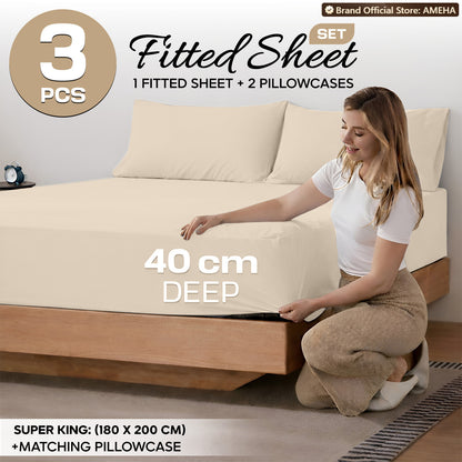 3pcs 40cm Extra Deep Fitted Sheet – Solid Color Soft & Comfortable Bed Sheet with 2pcs Matching Pillowcases, Breathable Fabric Soft Brushed Microfiber Bedding, Machine Washable for Home Bedroom, Hotel