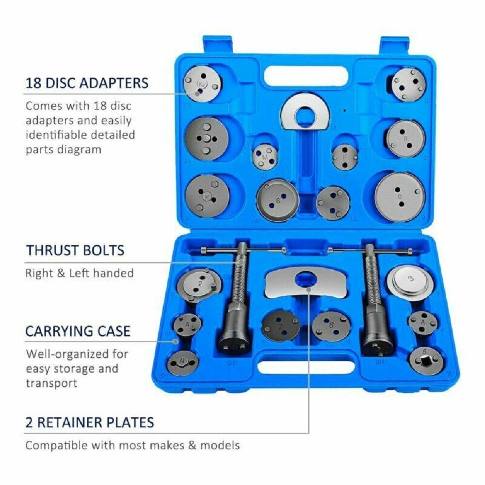 Universal New Brake Caliper Piston Rewind Wind Back Tool Kit Set 23pcs Disc Brake Caliper Compression Tool Kit And Piston Wind Back Tool with Case for Brake Pad Replacement Reset, Professional Heavy Duty Car Brake Caliper Compression Universal Tool