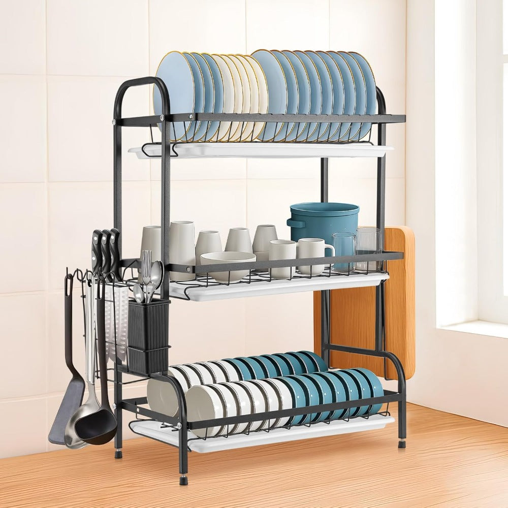 3-Tier Dish Rack Dish Drainer Rack with Drainboard Large Over Sink Drying Rack Kitchen with Cutlery & Cutting Board Holder Space-Saving Kitchen Draining Board with Drip Tray