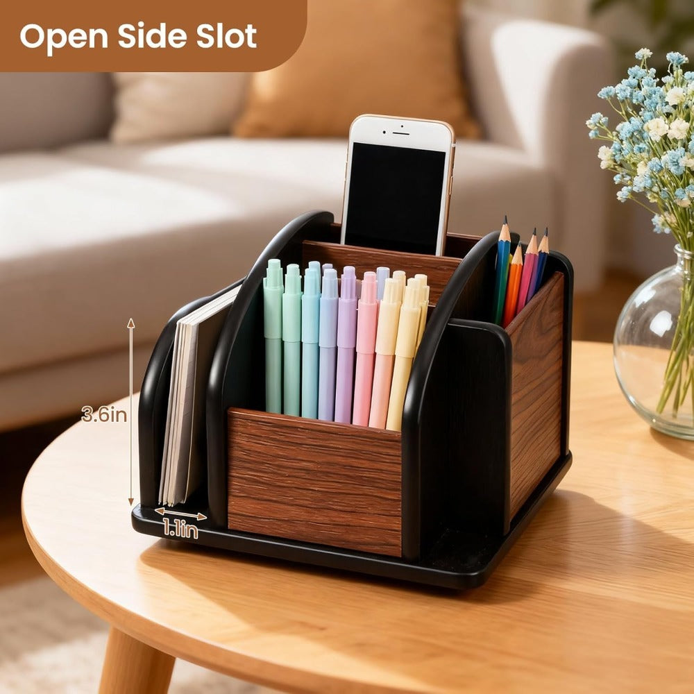 360° Rotating Desktop Organiser with Remote Control Holder – 6-Compartment Walnut Wood Pen Pot, Spinning Desk Tidy for Home Office, Document Slot, Stationery Storage, 184x180mm, Brown