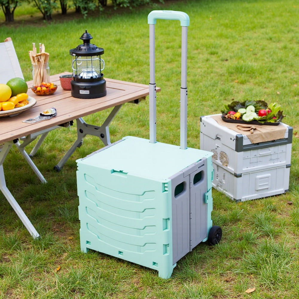 Foldable Shopping Trolley on Wheels with Large Capacity Storage Box – Portable Folding Cart for Grocery, Camping, Travel & Moving, Adjustable Handle, Grey & Green