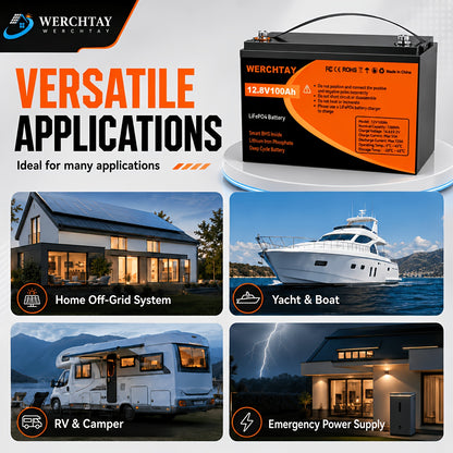 WERCHTAY 12.8V Lifepo4 Battery 300/200/100Ah, Equipped with A+ Grade Battery Cells, 25000+ Deep Cycles, Intelligent BMS Overcharge/Overdischarge Protection, for Home Energy Storage, Outdoor Rvs, Off-Grid Solar Applications