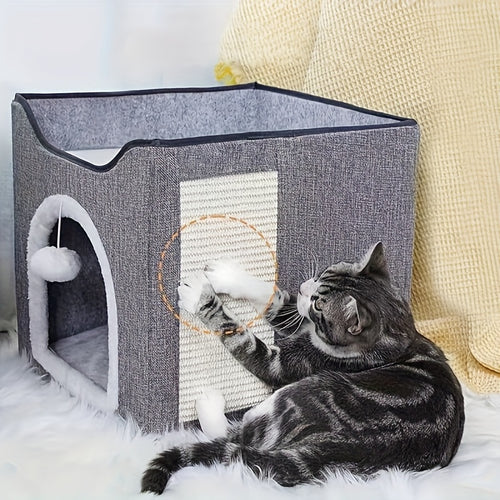 1 Luxury Cat House, Double-Decker Cat Bed with Fluffy Balls And Scratchboards - Foldable, Closed Cat Villa, Suitable for Indoor Cats And Small Dogs, Comfortable All Season, Soft Fabric, Cat House Villa; Modern Cat Bed; Durable Cat Bed, Cat Furniture