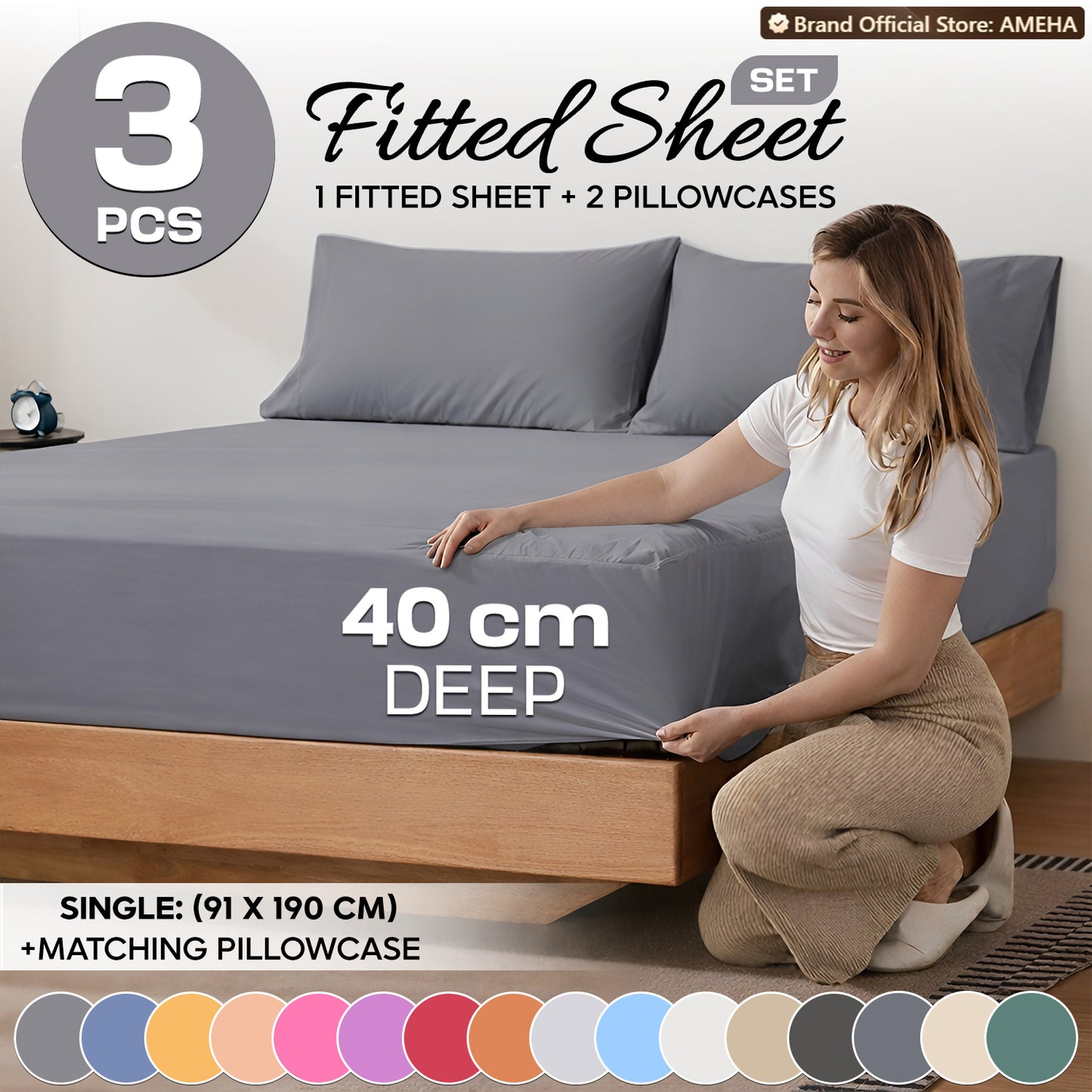 3pcs 40cm Extra Deep Fitted Sheet – Solid Color Soft & Comfortable Bed Sheet with 2pcs Matching Pillowcases, Breathable Fabric Soft Brushed Microfiber Bedding, Machine Washable for Home Bedroom, Hotel
