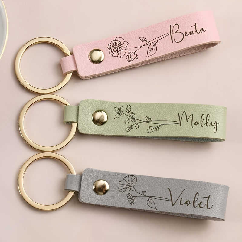 [Custom Leather Keychain] Personalized Leather Keychain - Custom Birth Flower Key Ring, Name Keychain, Bag Tag - Ideal for Women, Anniversary, Bridesmaid Gifts - Single