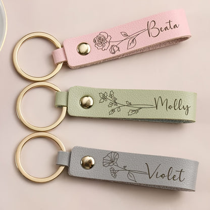 [Custom Leather Keychain] Personalized Leather Keychain - Custom Birth Flower Key Ring, Name Keychain, Bag Tag - Ideal for Women, Anniversary, Bridesmaid Gifts - Single