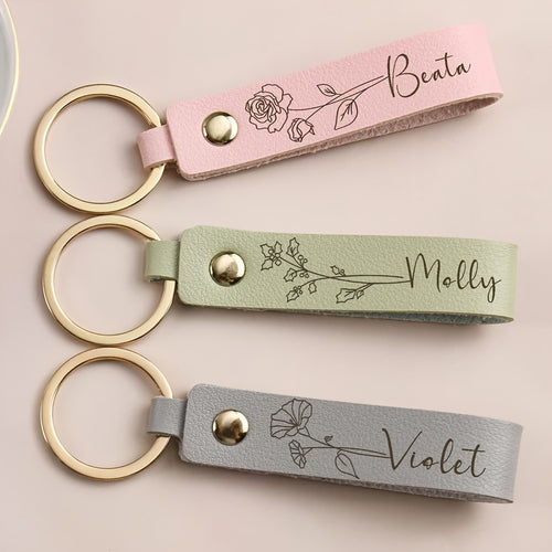 [Custom Leather Keychain] Personalized Leather Keychain - Custom Birth Flower Key Ring, Name Keychain, Bag Tag - Ideal for Women, Anniversary, Bridesmaid Gifts - Single