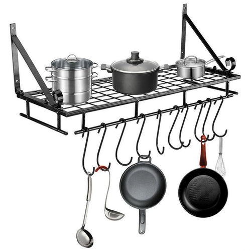 10-Hook Heavy Duty Metal Wall-Mounted Kitchen Organizer, Multifunctional Hanging Rack for Pots, Pans, and Cooking Utensils Storage, Space Saving Design for Small Kitchens