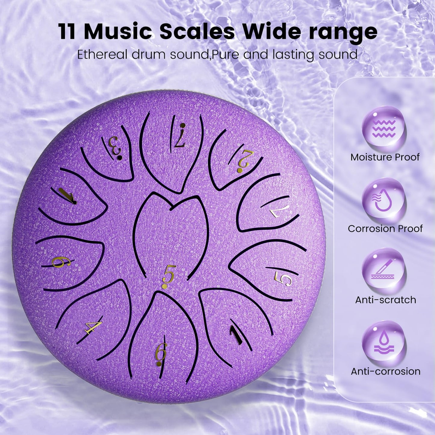 Rain Drum for Outside Garden, 6 Inch 11 Notes Steel Tongue Drum Instrument Steel Drum Set with Drumsticks,Stand Meditation Yoga Musical Education,Best Gift