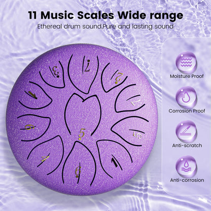Rain Drum for Outside Garden, 6 Inch 11 Notes Steel Tongue Drum Instrument Steel Drum Set with Drumsticks,Stand Meditation Yoga Musical Education,Best Gift