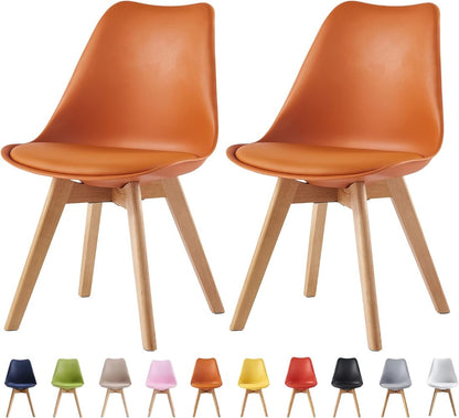 Set of 2 Retro Dining Chairs with Wooden Legs & Cushion Pad – Ergonomic Curved Backrest, Faux Leather Seat, 10 Colours, 120kg Capacity for Home, Office & Lounge