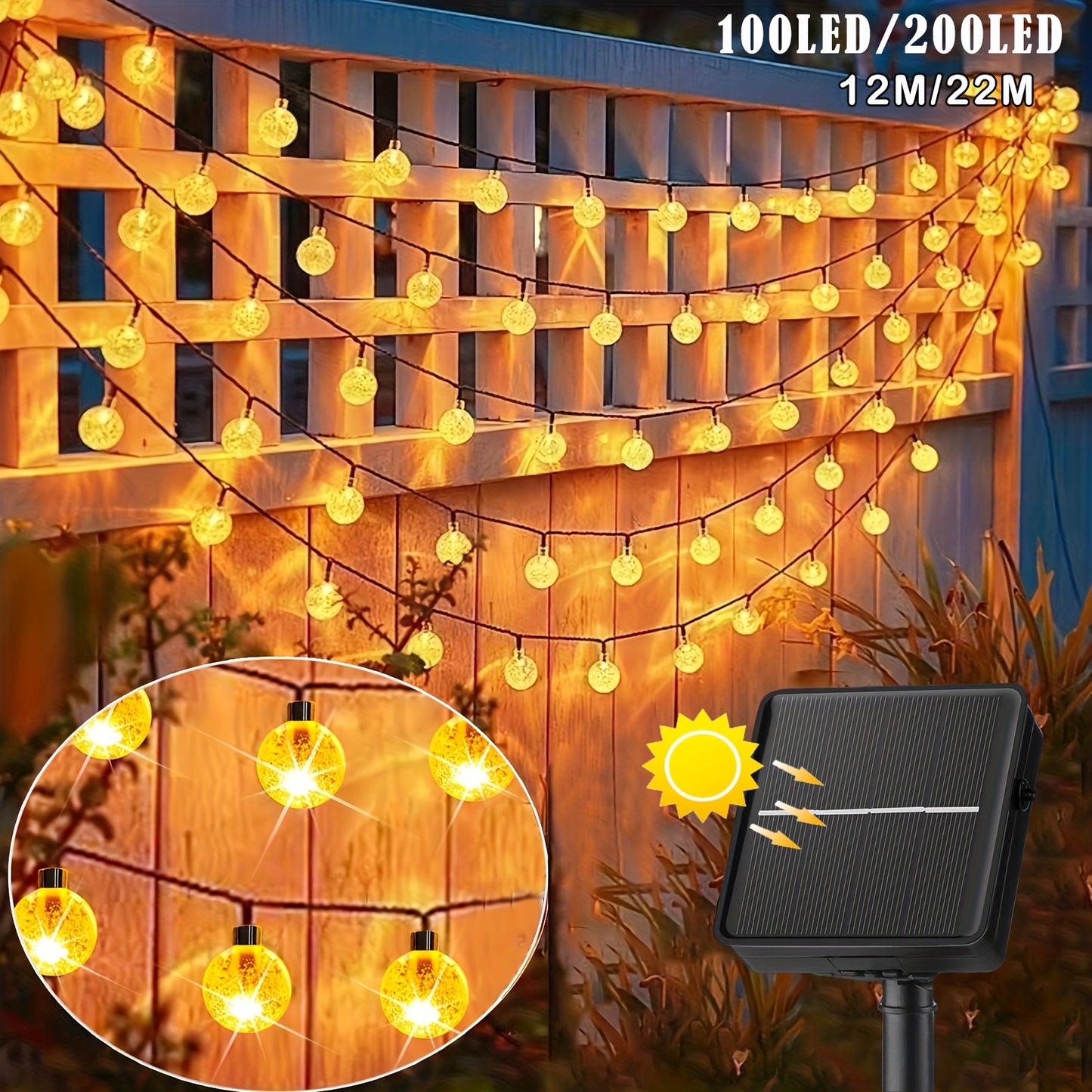 200/100LEDs Solar LED Crystal Ball String Lights | 8 Modes Remote Control | Outdoor Fairy Lights for Garden, Balcony, Camping & Parties | Christmas Decorations, Halloween Outdoor Decor, Wedding Lights | Solar Garden Lights