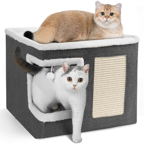 42X42X36cm Large Cat Cube House Cosy Foldable Bed Pet Cave Furry Soft Cushions Scratch Pads