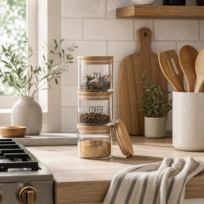 Set of 3 Stackable Glass Storage Jars with Airtight Bamboo Lids – Clear Kitchen Storage Canisters for Tea, Coffee, Sugar, Space-Saving Pantry Organiser