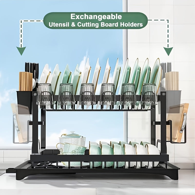2 Tier Dish Drainer Rack for Kitchen Counter - Space-Saving Dish Rack with Utensil Holder and Cutting Board Holder Large Capacity Drying Rack with Draining Board, Black