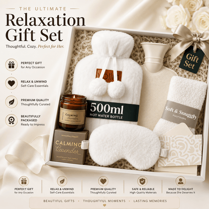 Gift Set for Her - Birthday Pamper Gifts for Women with 500ml Hot Water Bottle, Socks, Candle, Sleep Mask & Best Wishes Card, Self Care Box, Gifts for Mum, Mother's Day Gift Set