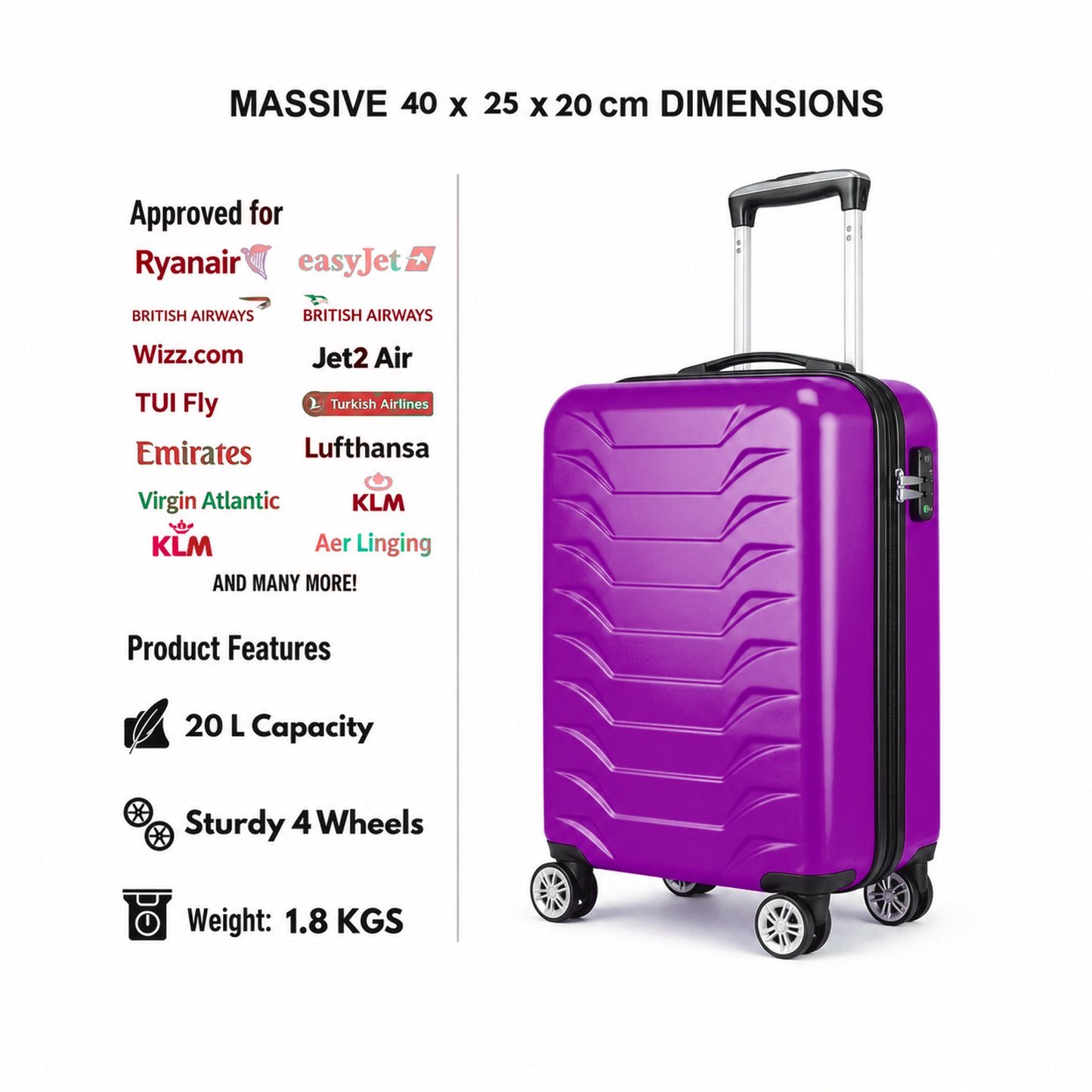 Direct Luggage Underseat Cabin Case 40 x 25 x 20 cm RyanAir Approved Size with Combination Lock and Detachable 360° Wheels T-HC-US-1627
