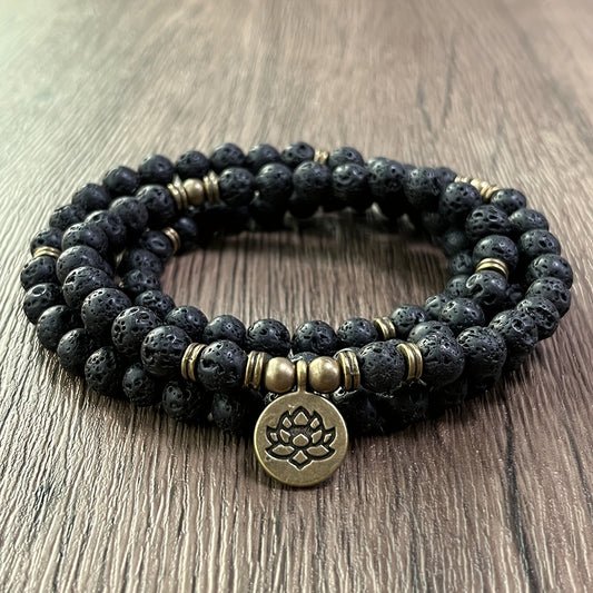 108 Beads Natural Stone Mala Black Rock Bracelet - Vintage Style Black Stone Beads with Lotus Pendant for Daily Wear or Gifts, Perfect Bracelet for Ramadan, Ideal Gift Bracelet for Mom and Dad on Mother's Day And Father's Day.