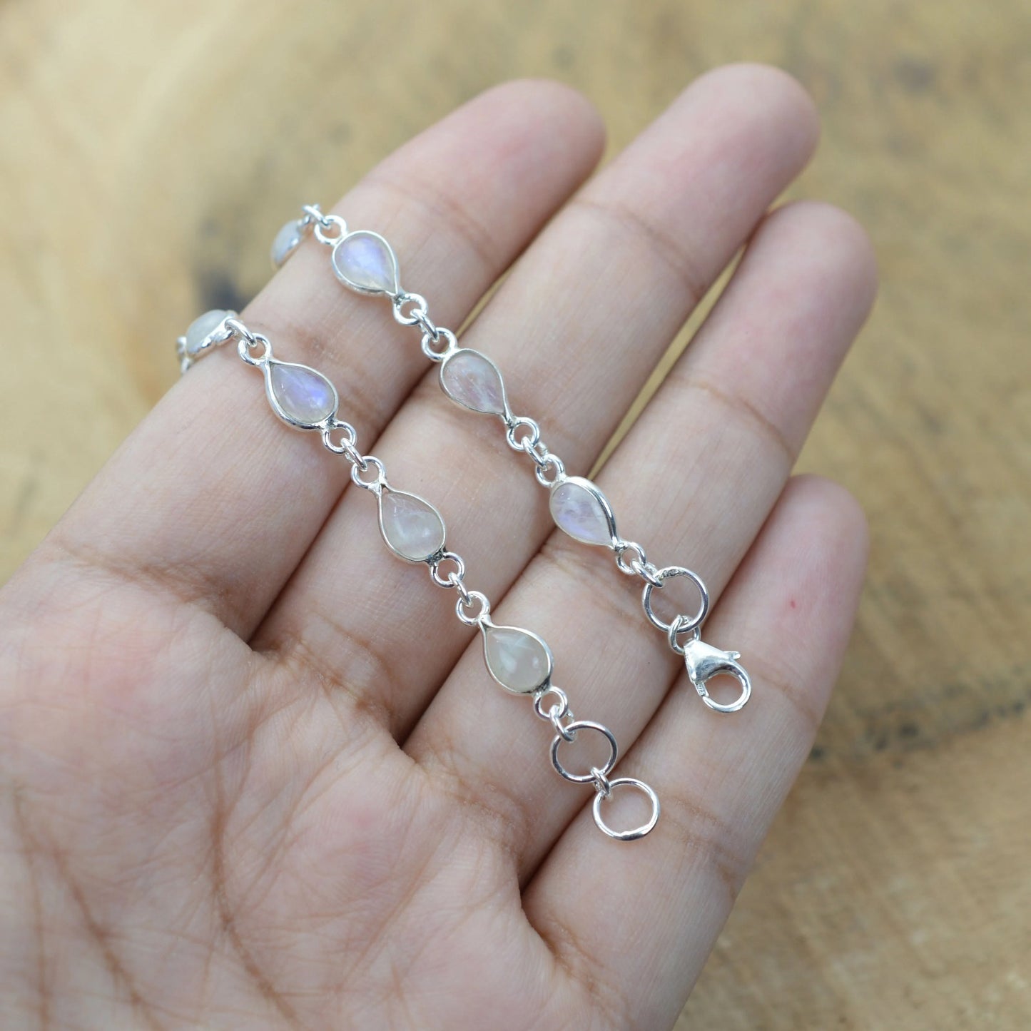 925 Sterling Silver Natural Gemstone Adjustable Bracelet ~ Teardrop Link Bracelet ~ Simple Elegant Jewelry