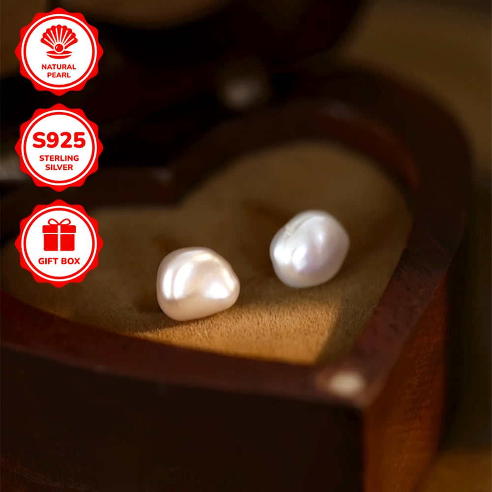 1 Pair of Women's Fashion Stud Earrings, S925 Sterling Silvery Natural Baroque Freshwater Freshwater Pearls Elegant Studs for Daily Wear/Vacation/Valentine's Day/Birthday/Mother's Day Gift, Perfect for Ladies, Comes in a Gift Box