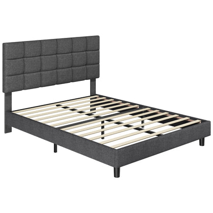 Costoffs Upholstered Bed Frame, Fabric Bed Frame with Fabric Headboard, Modern Platform Bed Frame with Strong Wooden Slats, Support and Square Tufted Headboard Height Adjustable, Double/King, Dark Gray/Light Gray/Beige