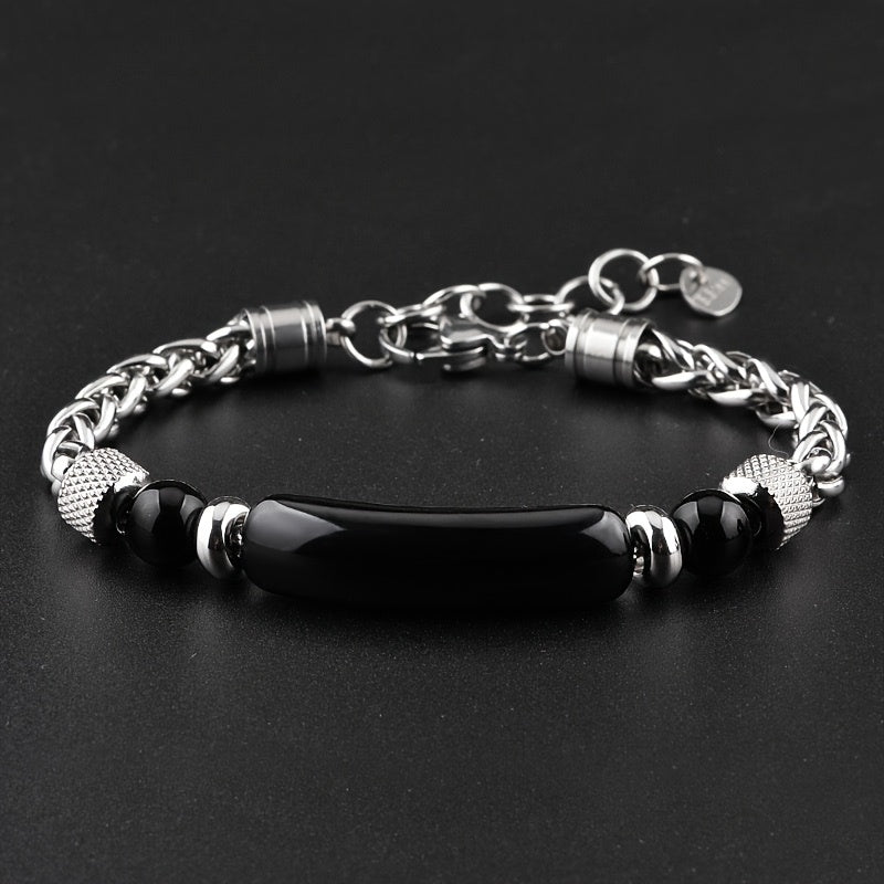 1pc Beaded Flower Basket Chain Bracelet Natural Stone Black Agate Tiger Eye Arc Beaded Bracelet (Slight Cracks in Natural Stone Are Normal) Holiday Gift for Family And Friends Christmas Halloween, Men'S Gift, Men'S Christmas Gift