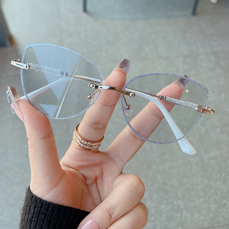 Fashion Cat Eye Frameless Light Sensitive Color Changing Women'S Model with Embedded Sequins Metal Frame Cat Eye Blue Light Transparent Lens Glasses