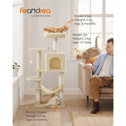 112cm Cat Tree Multi-Level Plush Tower Condo with 4 Scratching Posts, Hammock, Cave & Platforms – Stair-Step Design with Hanging Toys | Easy Assembly Indoor Cat Furniture | Pink White Beige Grey | UK