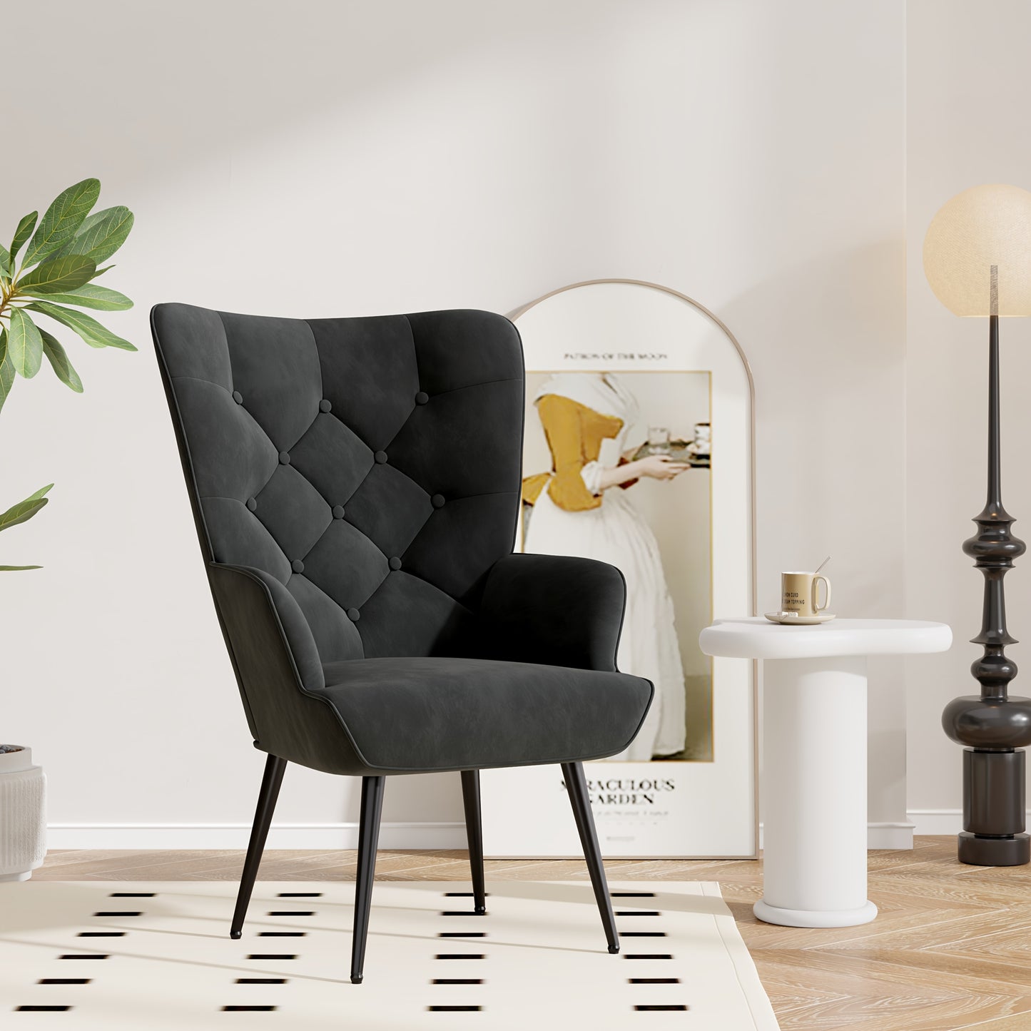 Contemporary Mid-Century Style High-Back Accent Chair with Metal Legs, Velvet Upholstered Wingback Chair for Reading, Suitable for Bedroom, Living Room, Office, Or Makeup Area