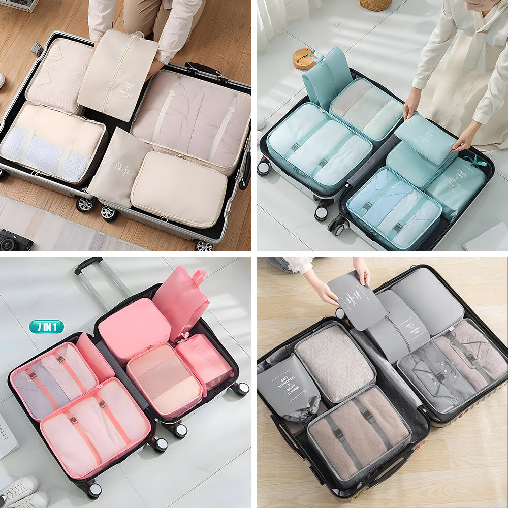 Packing Cubes Set of 7 for Suitcase – Travel Organiser Bags for Clothes, Shoes, Toiletries & Accessories, Oxford Fabric Luggage Sorting Pouches for Holiday & Business Travel in Grey, Pink, Blue & Beige