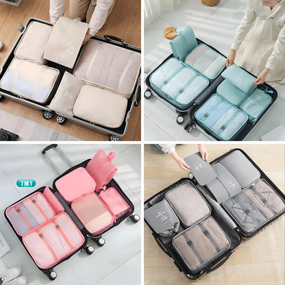 Packing Cubes Set of 7 for Suitcase – Travel Organiser Bags for Clothes, Shoes, Toiletries & Accessories, Oxford Fabric Luggage Sorting Pouches for Holiday & Business Travel in Grey, Pink, Blue & Beige