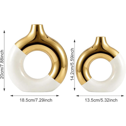 Ceramic Donut Vase Set 2pcs Gold White Glazed Bohemian Table Decor for Living Room & Wedding Centerpiece