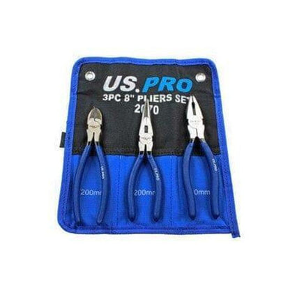 US PRO 8" 200mm 3pcs Plier Set, Side Cutter, Long Nose, Combination Pliers 2070